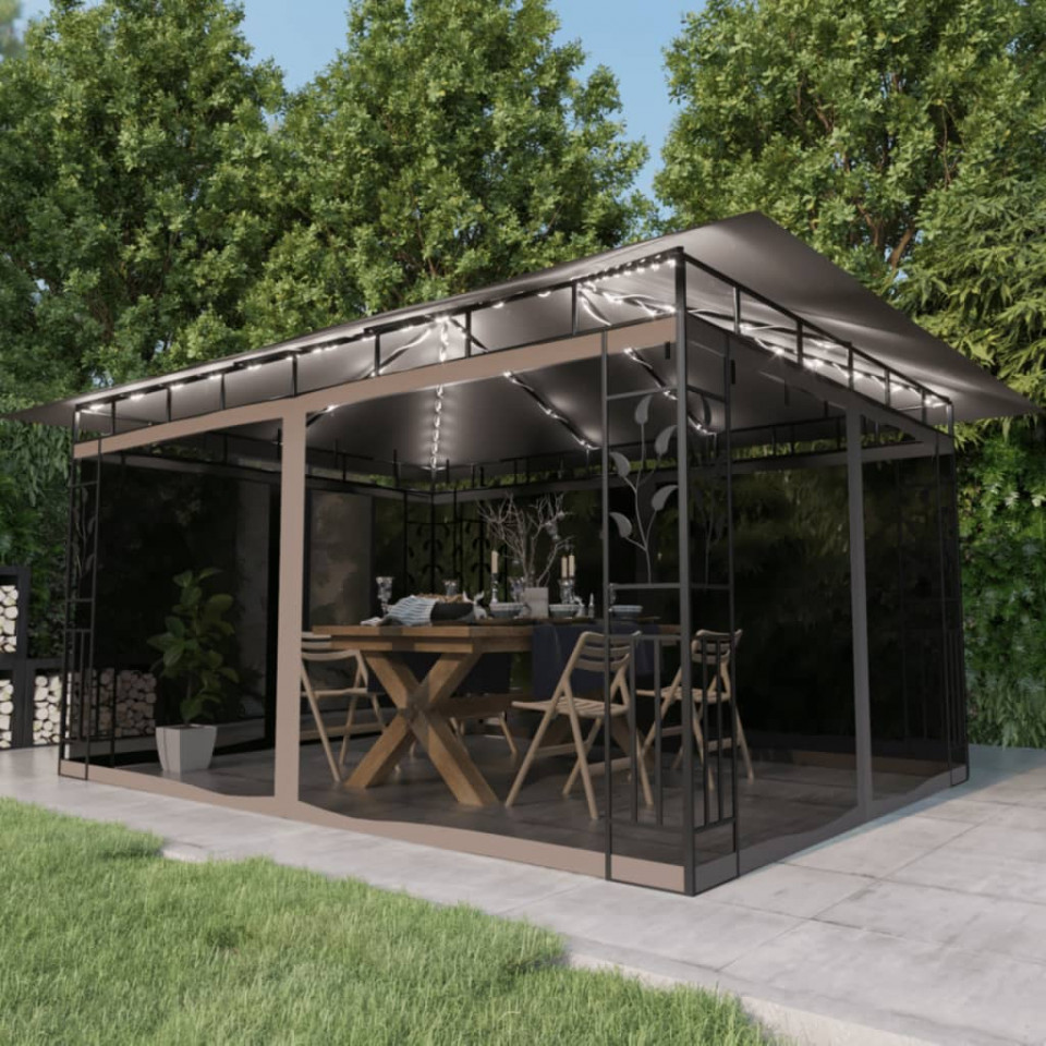 Pavilion cu plasă anti-țânțari&lumini led,gri taupe, 4x3x2,73 m