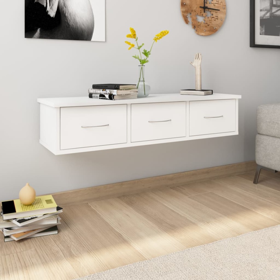 Raft de perete cu sertare, alb, 88x26x18,5 cm, lemn prelucrat