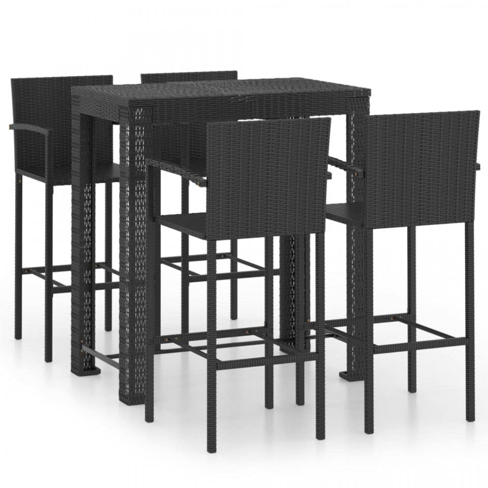 Set bar exterior cu cotieră, 5 piese, negru, poliratan