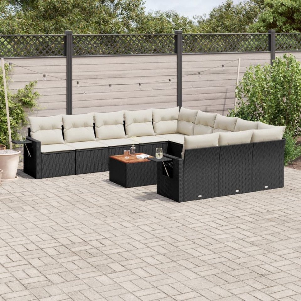 Set canapele de grădină, 12 piese, cu perne, negru, poliratan