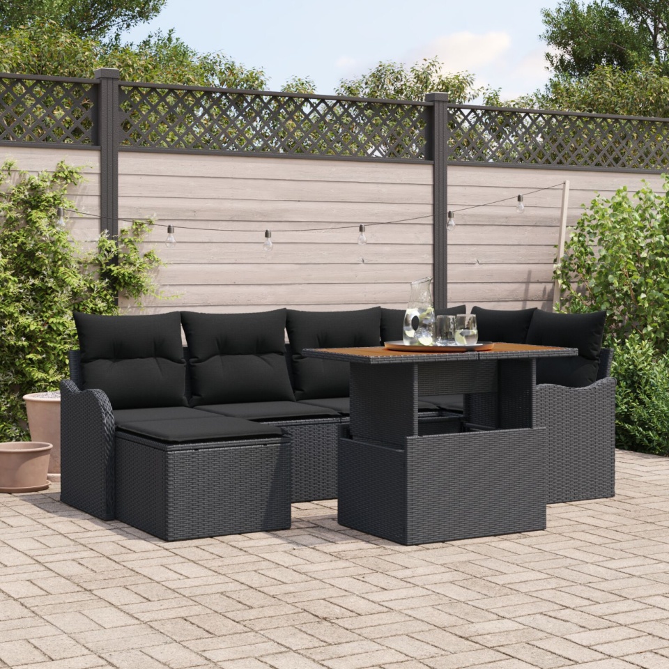 Set de 7 Piese Sofa Grădină cu Pernuțe Negru din Ratan Polimer Acacia, Sofa Grădină cu 2 Locuri și Pernuțe Negre din Ratan Polimer