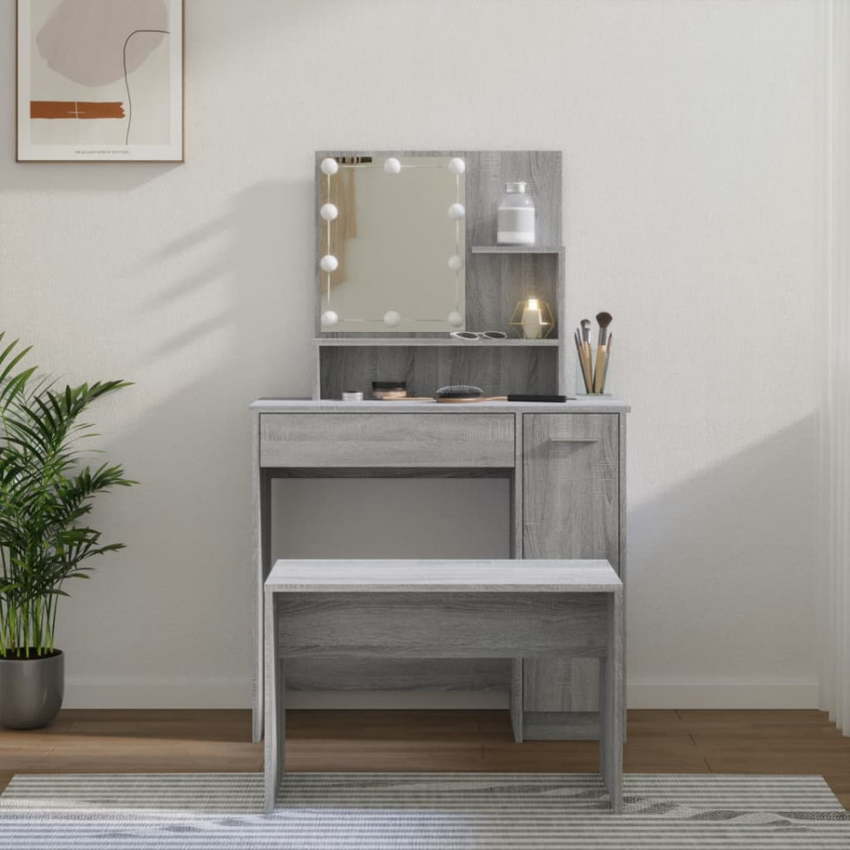 Set de măsuță de toaletă cu LED, sonoma gri, lemn prelucrat