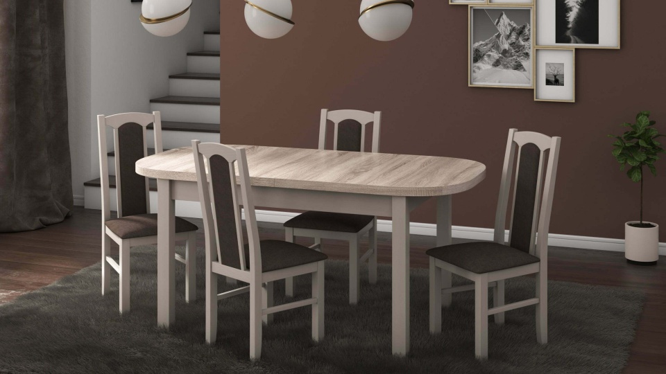 Set masa extensibila 160x200cm cu 4 scaune tapitate, mb-12 venus1 si s-37 boss7 s6, sonoma, lemn masiv de fag, stofa