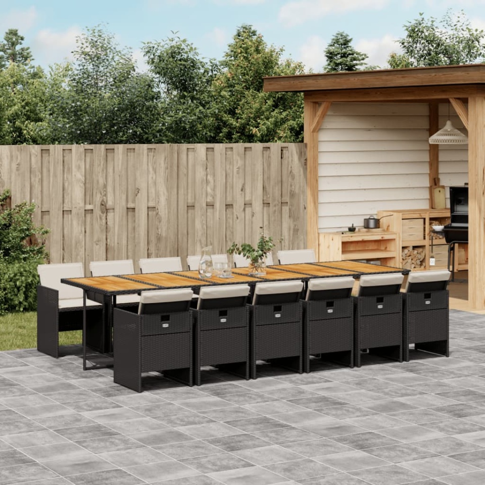 Set mobilier de grădină cu perne, 13 piese, negru, poliratan