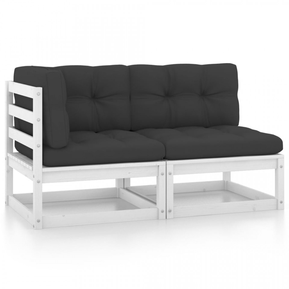 Set mobilier de grădină cu perne, 2 piese, alb, lemn masiv pin