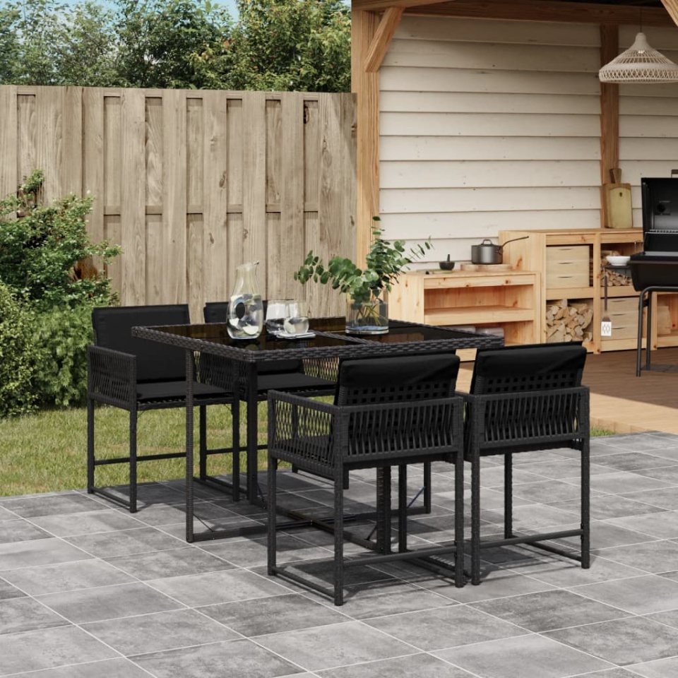 Set mobilier de grădină cu perne, 5 piese, negru, poliratan