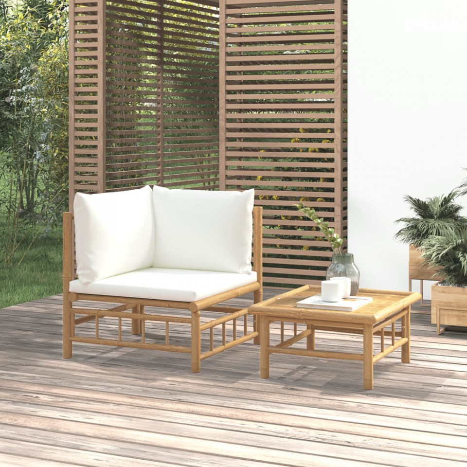 Poza Set mobilier de gradina cu perne alb crem, 2 piese, bambus