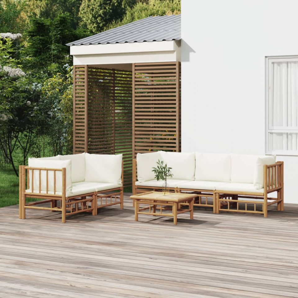 Poza Set mobilier de gradina cu perne alb crem, 6 piese, bambus