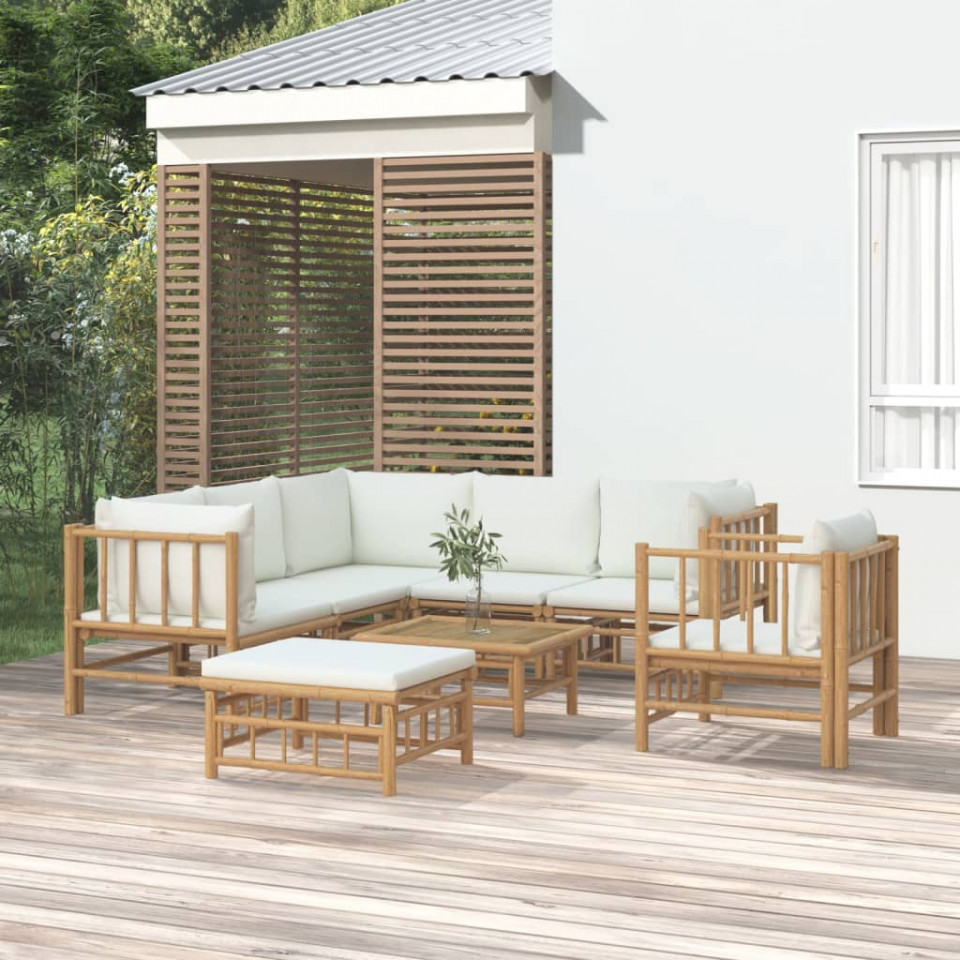 Poza Set mobilier de gradina, cu perne alb crem, 8 piese, bambus