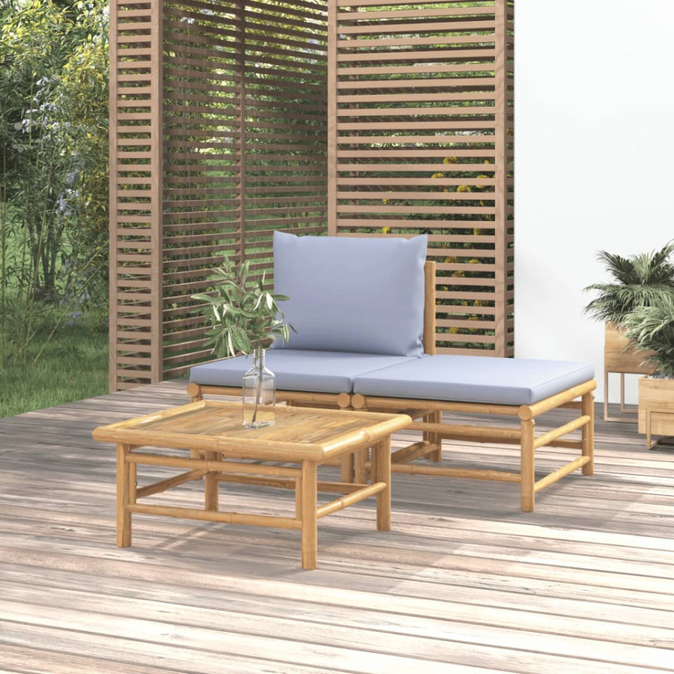 Poza Set mobilier de gradina cu perne gri deschis, 3 piese, bambus