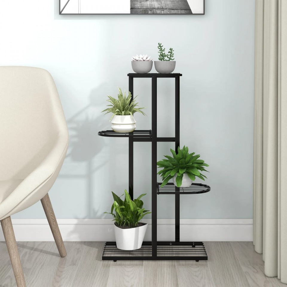 Suport pentru flori cu 4 nivele, negru, 43x22x76 cm, metal