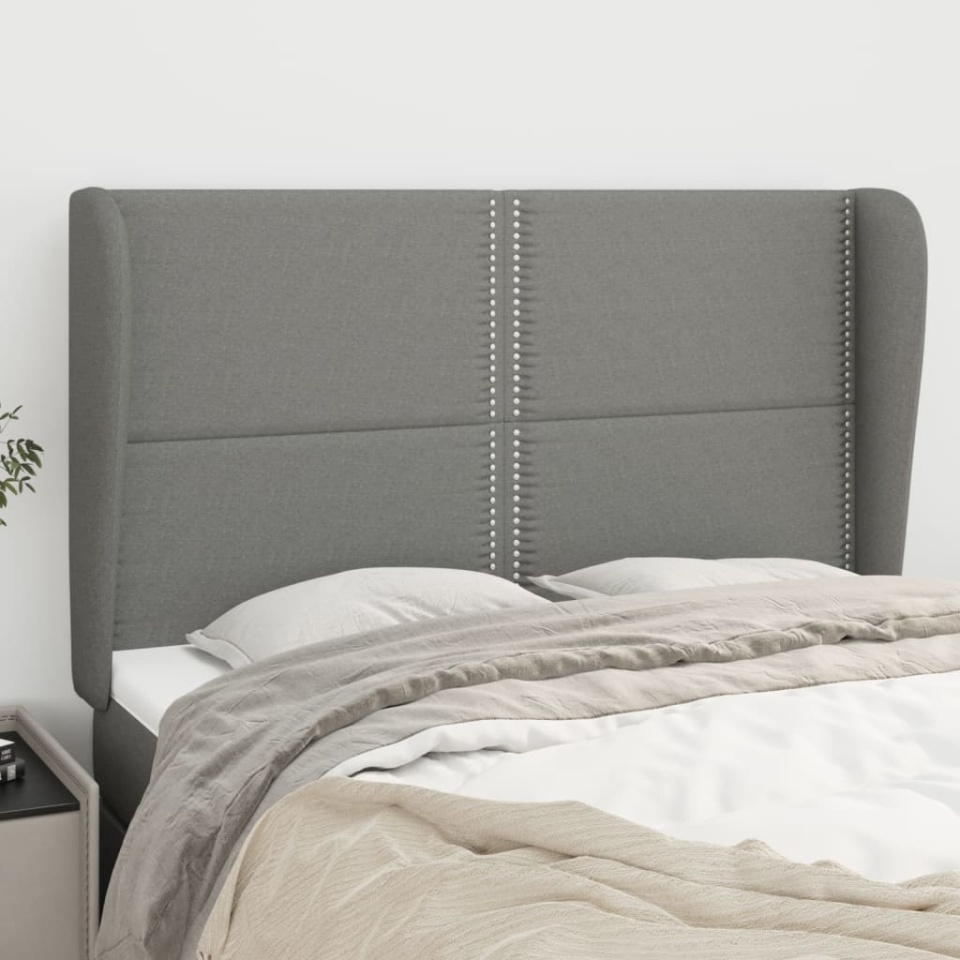 Tăblie de pat cu aripioare gri închis 147x23x118/128 cm textil