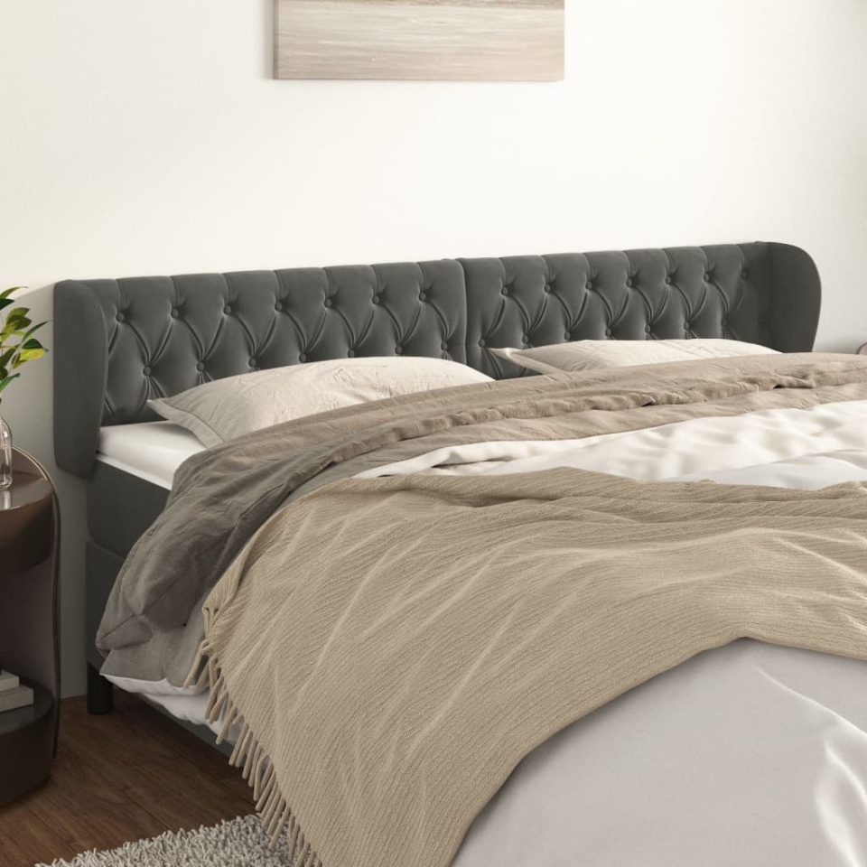 Tăblie de pat cu aripioare gri închis 183x23x78/88 cm catifea