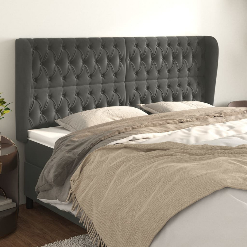 Tăblie de pat cu aripioare gri închis 203x23x118/128 cm catifea