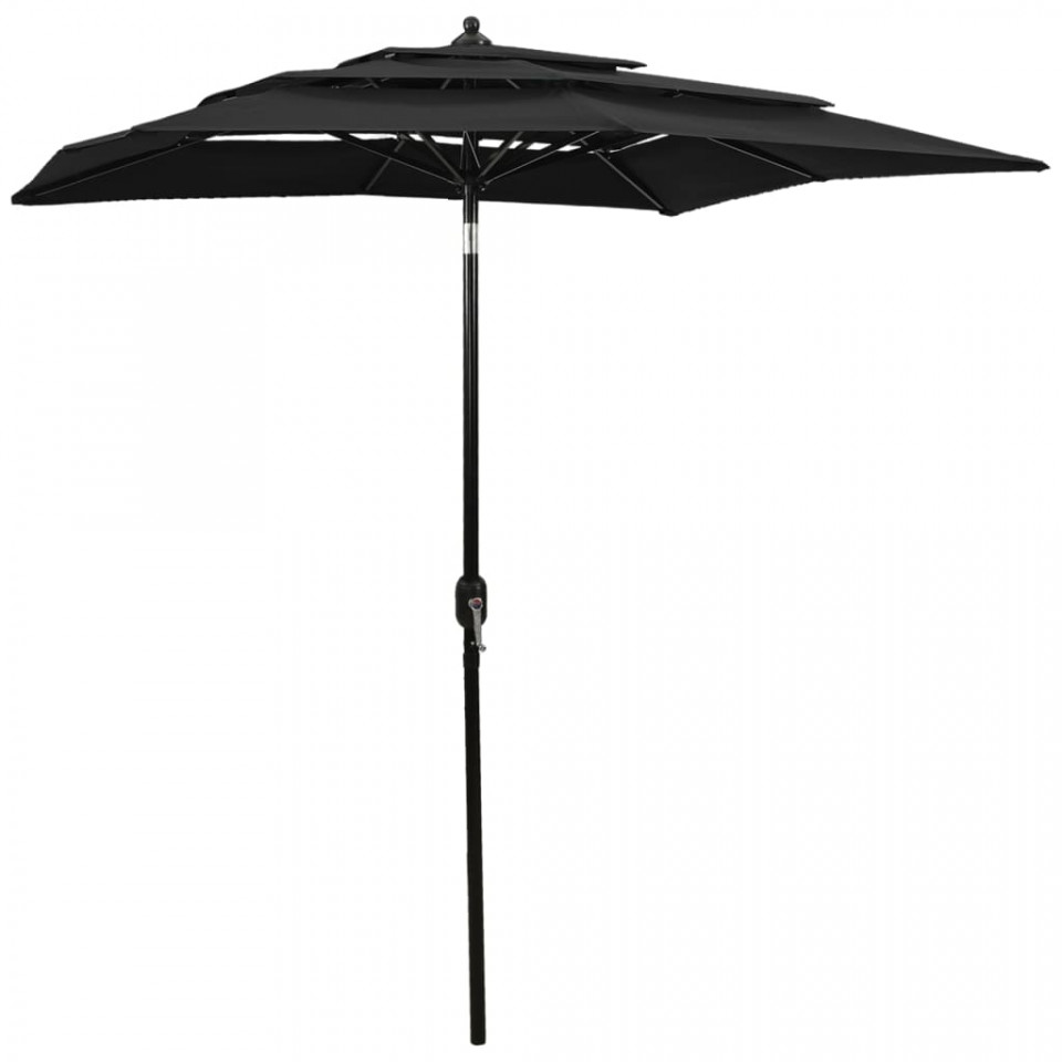 Umbrelă de soare 3 niveluri, stâlp de aluminiu, negru, 2x2 m