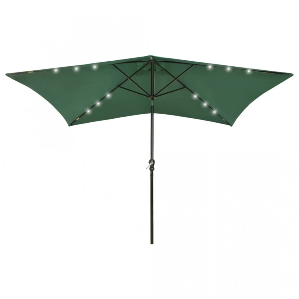 Umbrelă de soare cu stâlp din oțel & LED-uri, verde, 2x3 m
