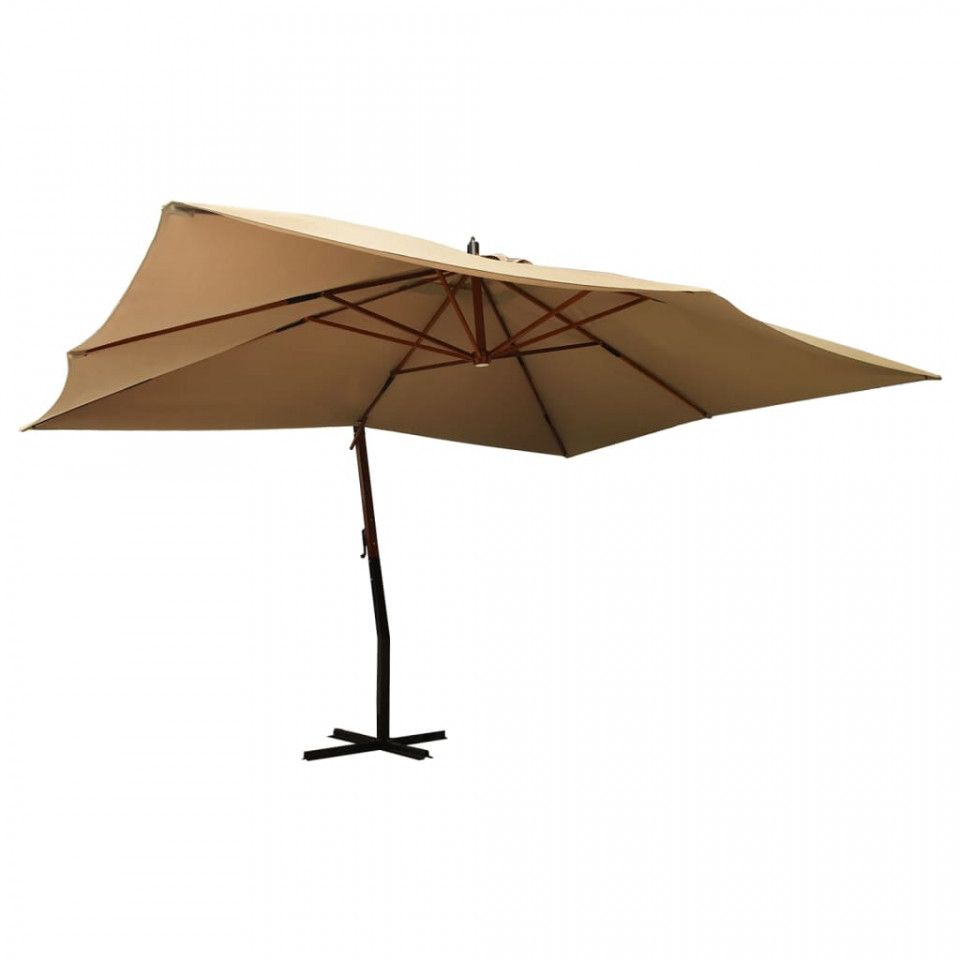 Umbrelă suspendată cu stâlp din lemn, gri taupe, 400x300 cm