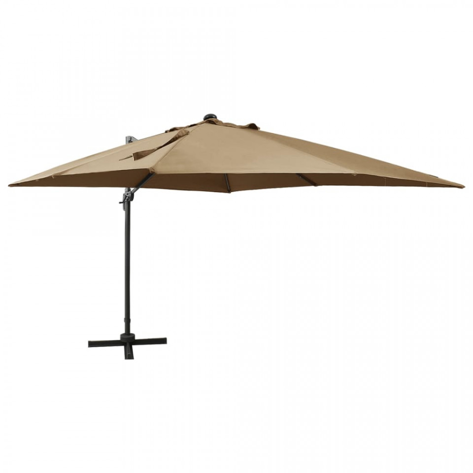 Umbrela suspendata cu stalp si LED-uri, gri taupe, 300 cm
