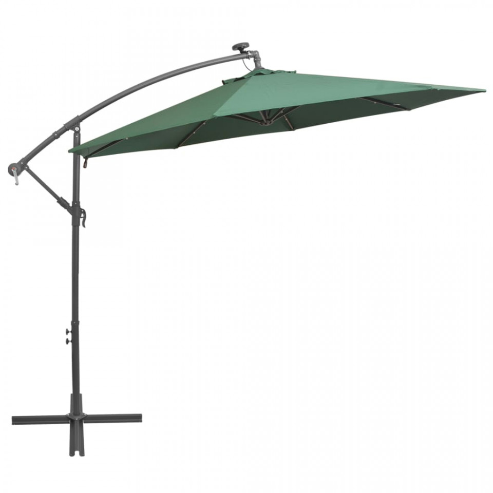 Umbrelă suspendată, iluminare LED, 300 cm, verde, stâlp metalic