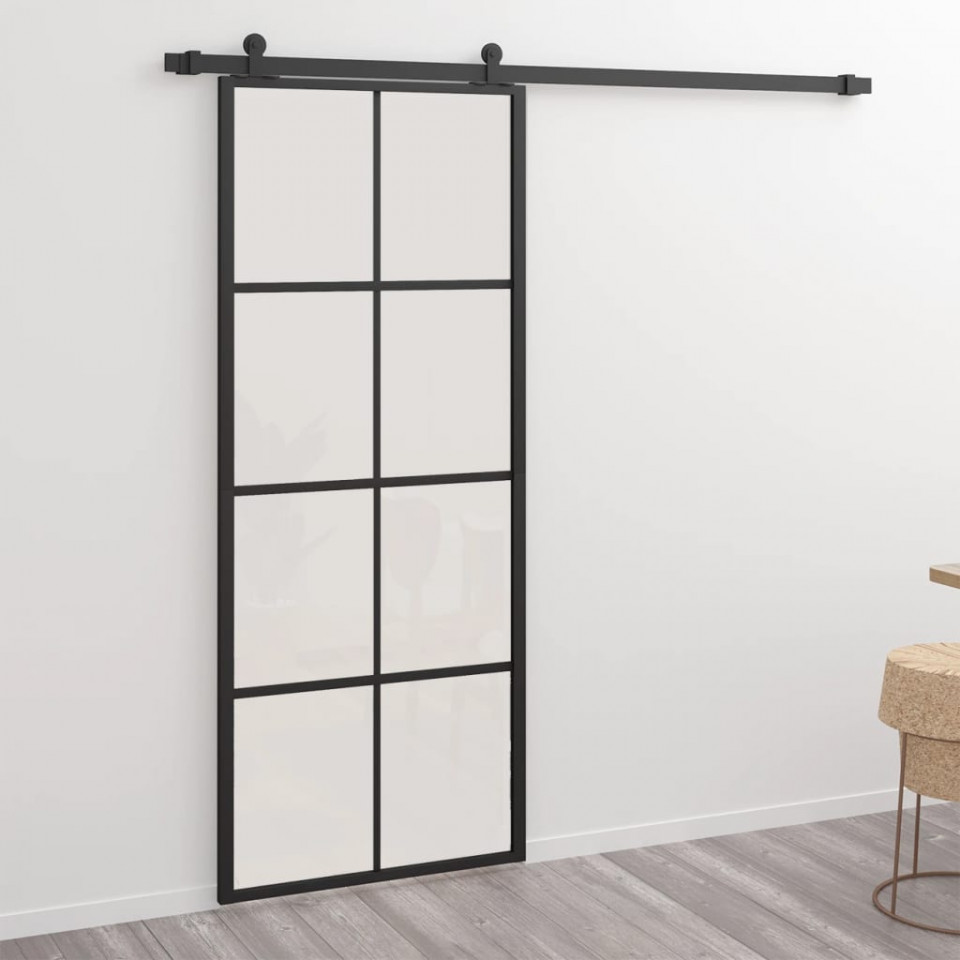 Ușă glisantă, negru, 76x205 cm, aluminiu și sticlă ESG