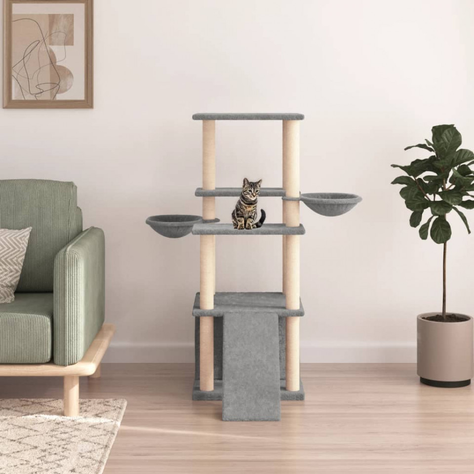 Ansamblu pisici, stâlpi din funie sisal, gri deschis, 133 cm