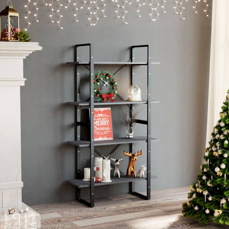 Bibliotecă cu 4 rafturi, gri, 80x30x140 cm, lemn masiv de pin