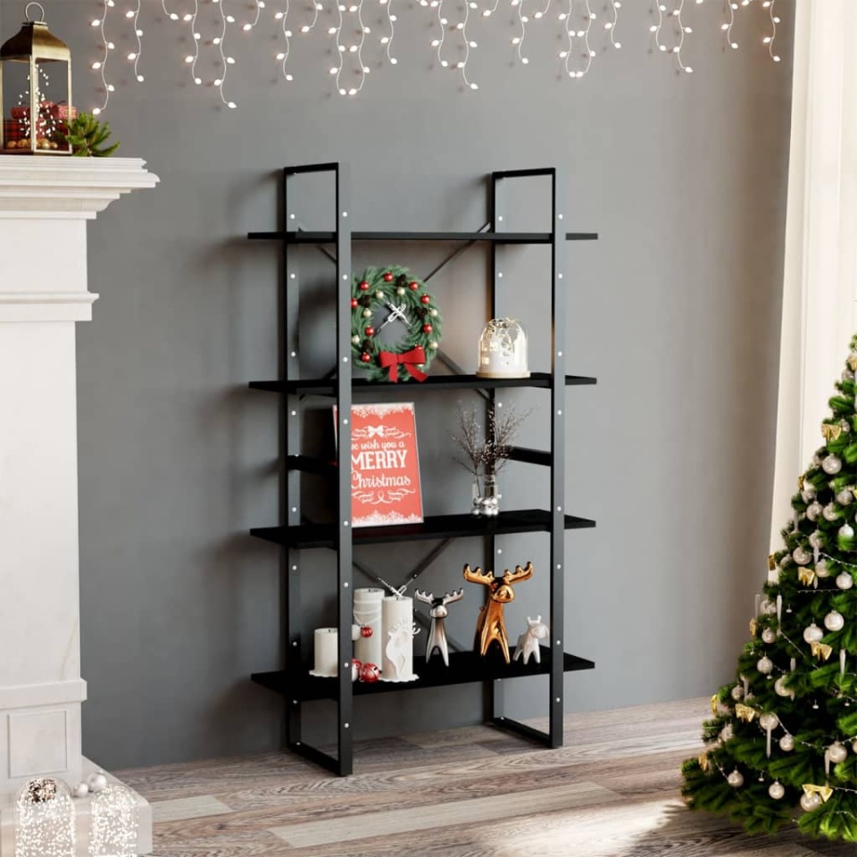 Bibliotecă cu 4 rafturi, negru, 80x30x140 cm, lemn masiv de pin