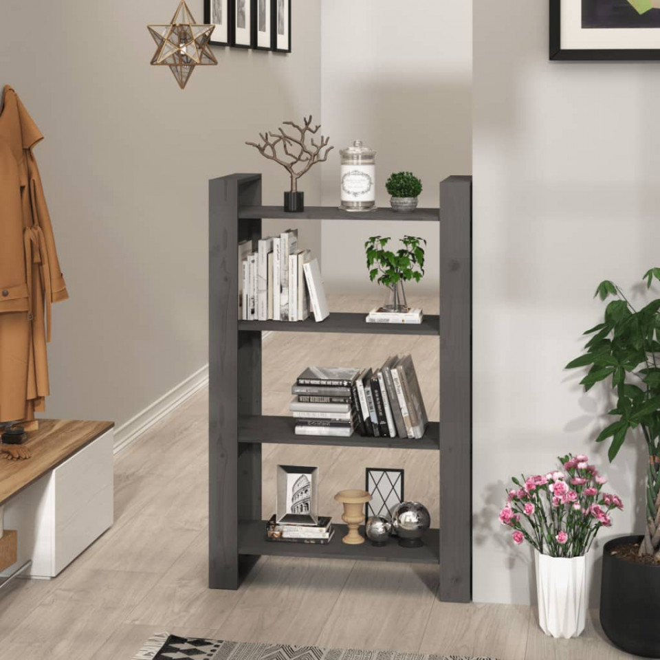 Bibliotecă/separator cameră, gri, 80x35x125 cm, lemn masiv pin