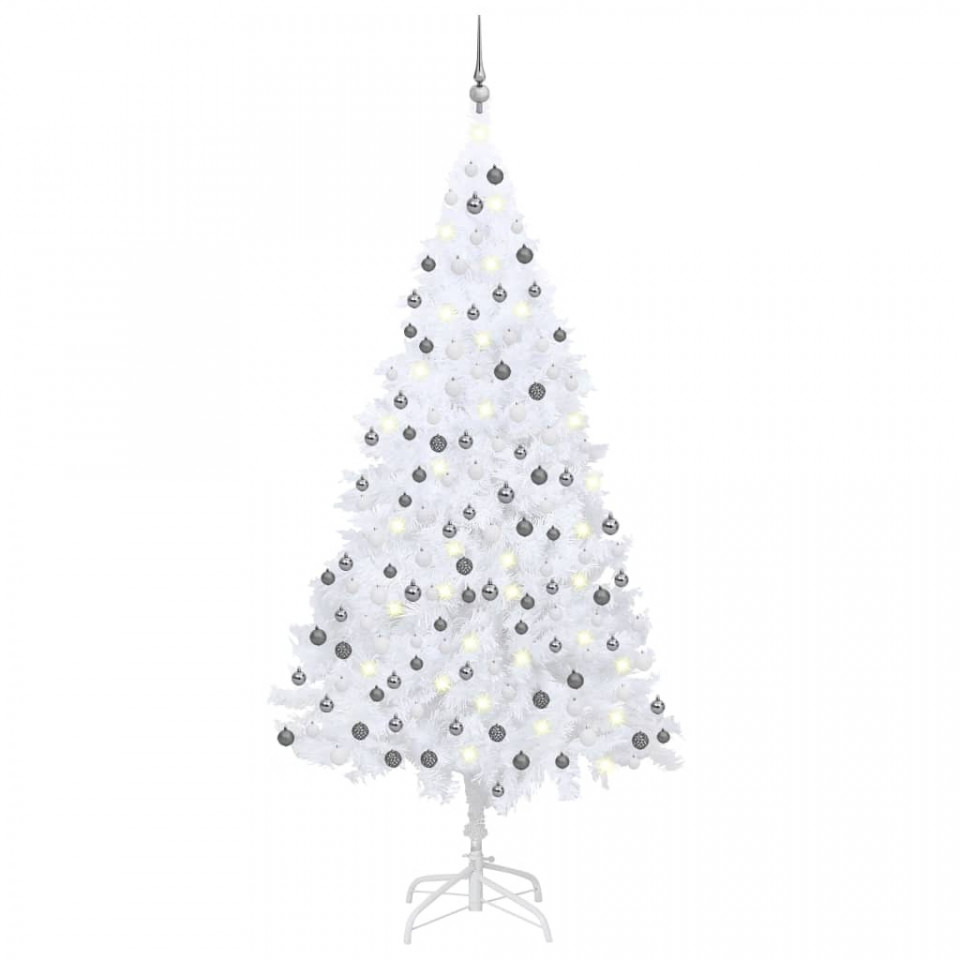 Brad de Crăciun artficial cu LED-uri&globuri, alb, 210 cm, PVC 210