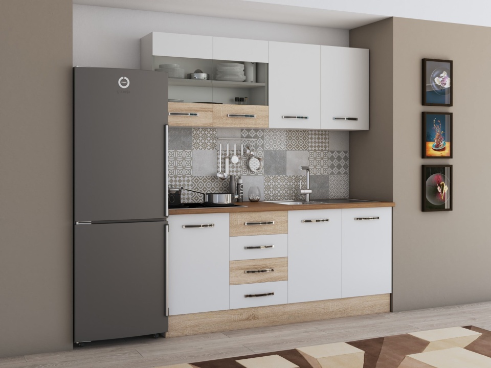 Bucatarie alfa cu vitrina 180 cm, alb / sonoma, blat termic nuc