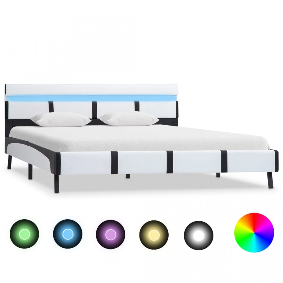 Cadru de pat cu LED, alb, 140 x 200 cm, piele ecologică