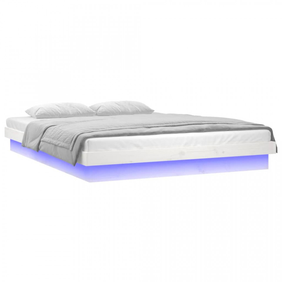 Cadru de pat cu LED, alb, 160x200 cm, lemn masiv