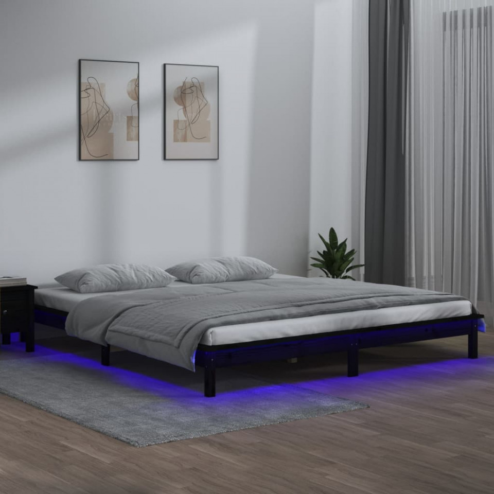 Cadru de pat cu led mic dublu 4ft negru 120x190 cm lemn masiv