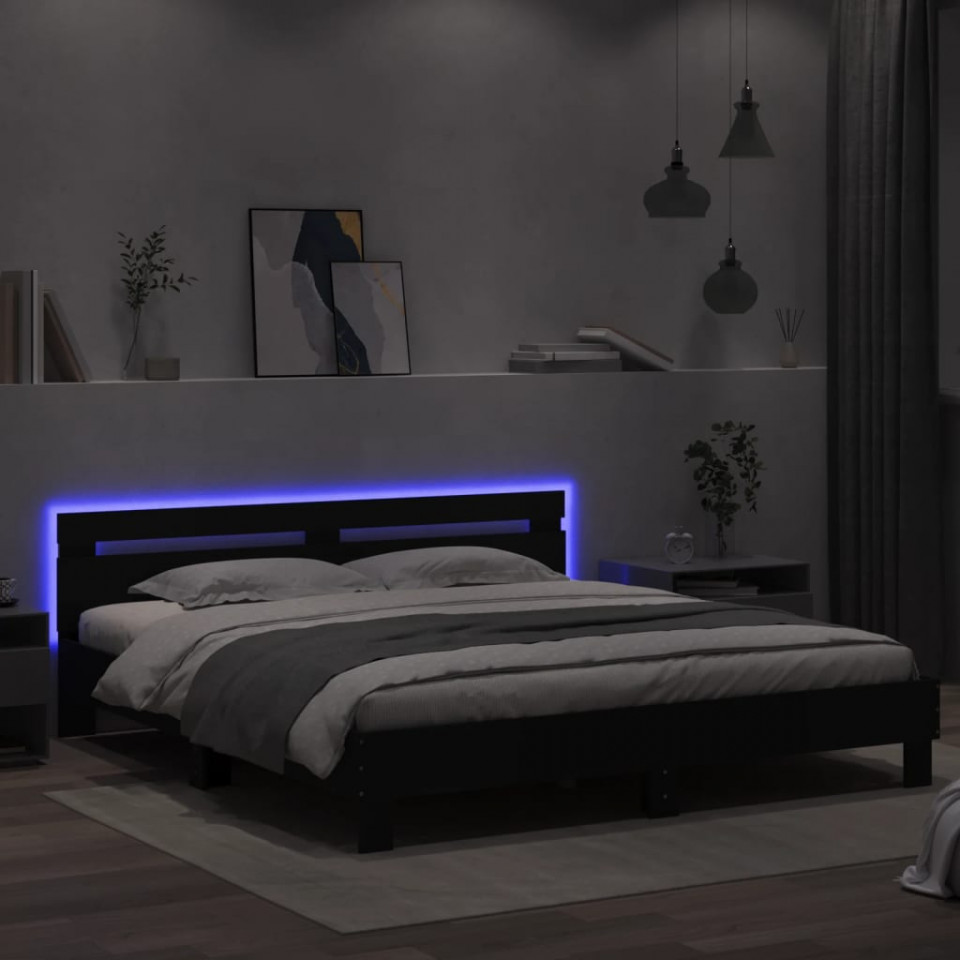 Cadru de pat cu tăblie și LED, negru, 160x200 cm