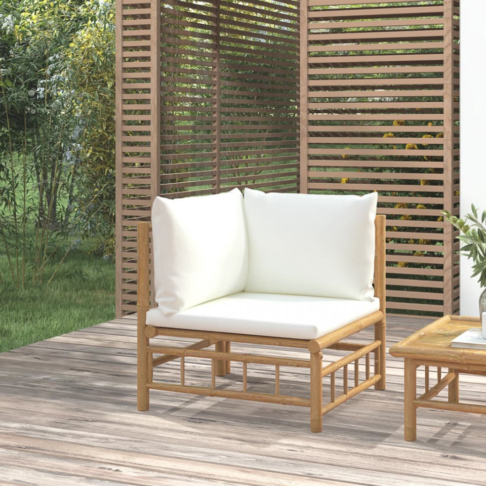 Poza Canapea de mijloc pentru gradina cu perne, alb crem, bambus