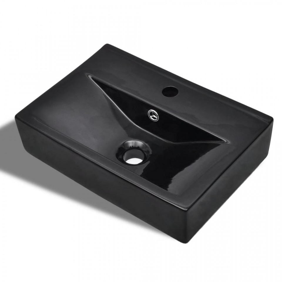 Chiuvetă baie loc robinet/preaplin negru ceramic dreptunghiular baie