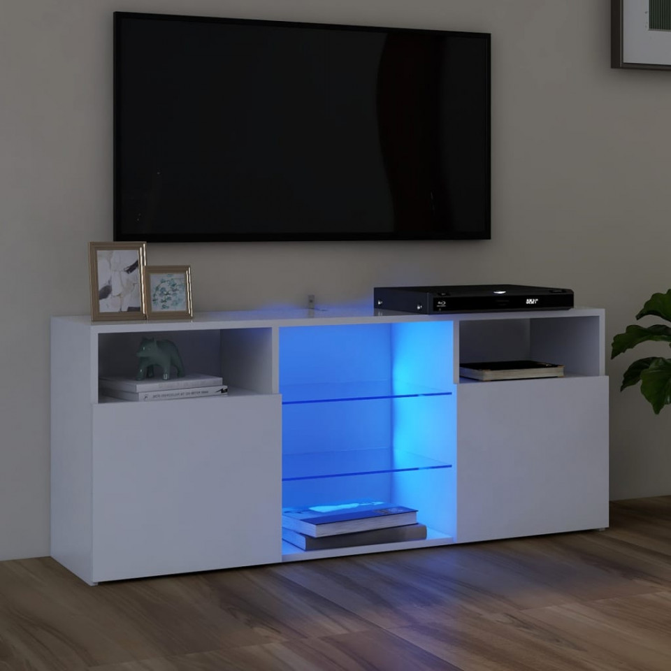 Comodă TV cu lumini LED, alb extralucios, 120x30x50 cm