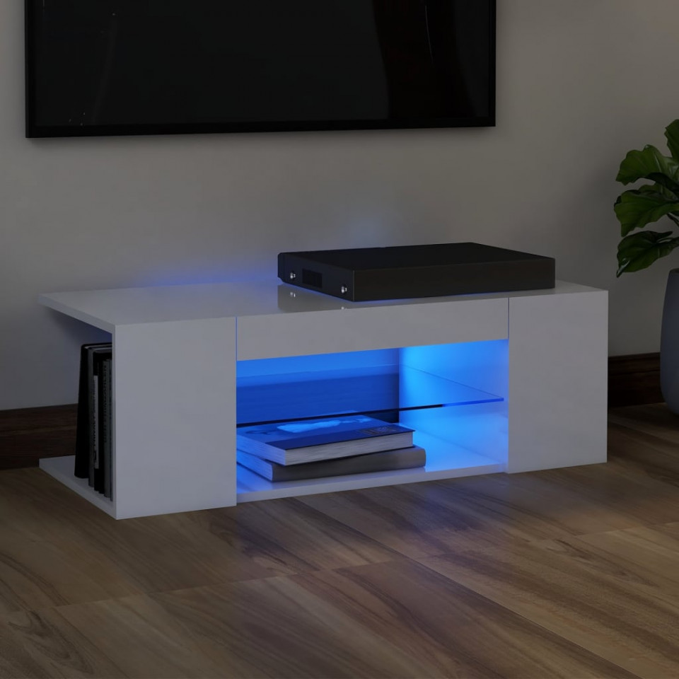 Comodă TV cu lumini LED, alb extralucios, 90x39x30 cm Casa Practica