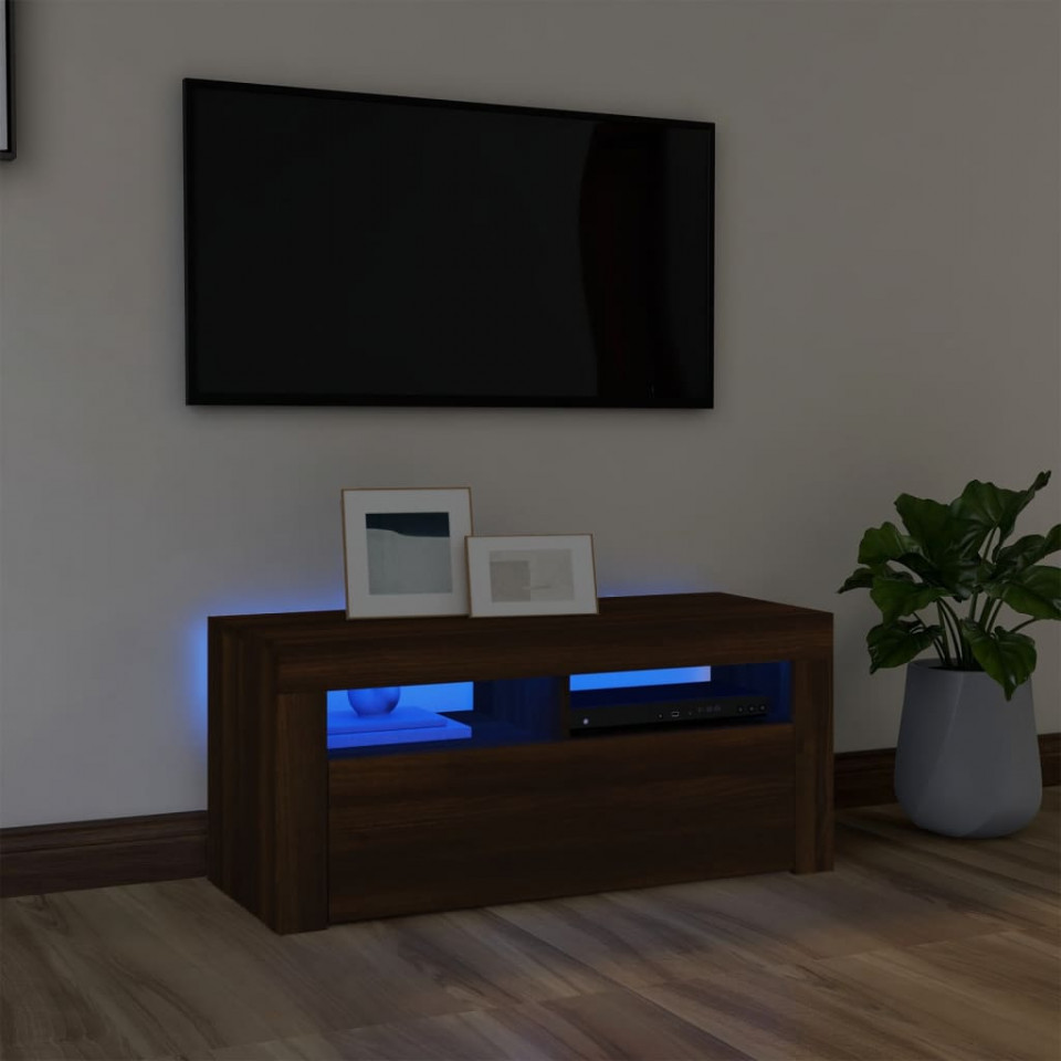 Poza Comoda TV cu lumini LED, stejar maro, 90x35x40 cm