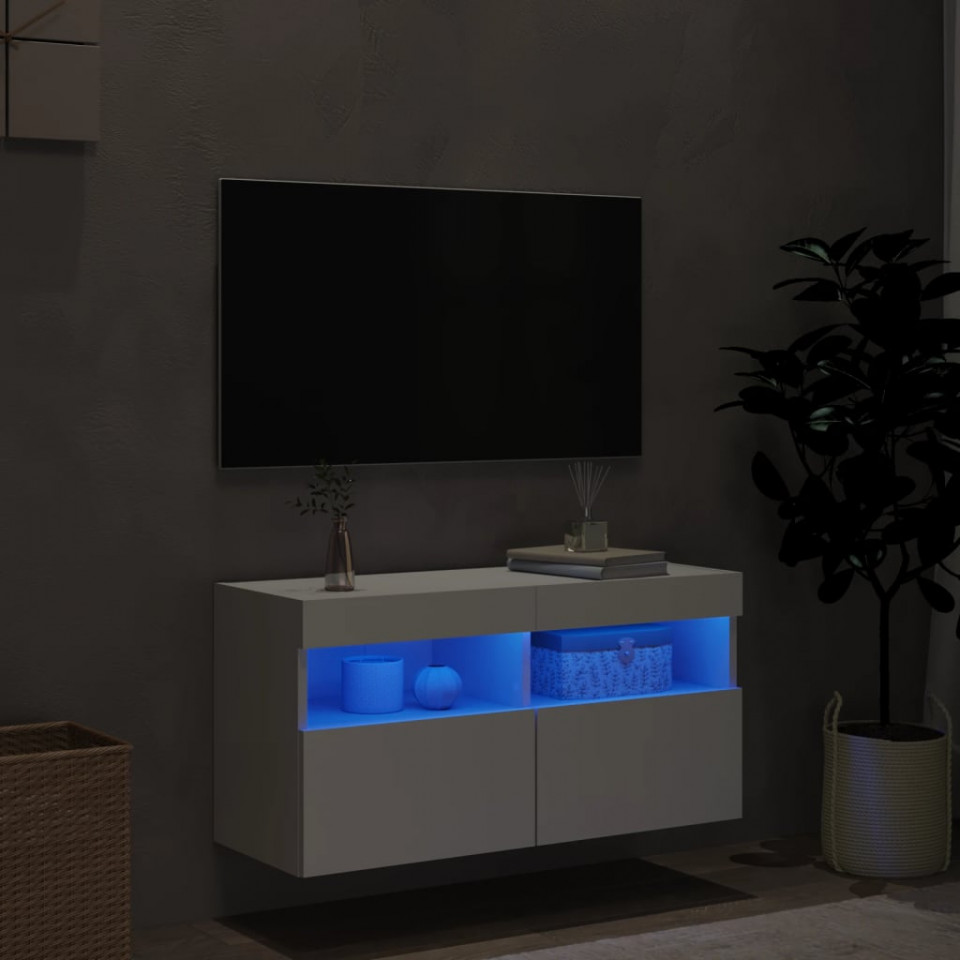 Comodă TV de perete cu lumini LED, alb, 80x30x40 cm