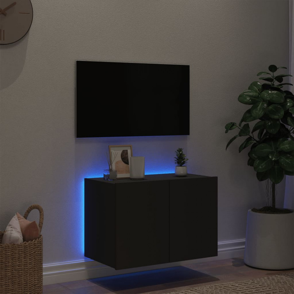 Comodă TV de perete cu lumini LED, negru, 60x35x41 cm