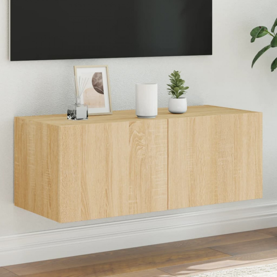 Comodă TV de perete cu lumini LED, stejar sonoma, 80x35x31 cm