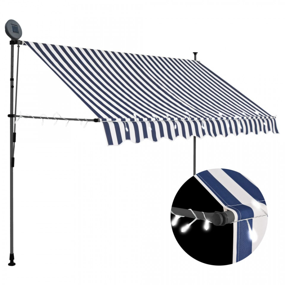Copertină retractabilă manual cu LED, albastru & alb, 250 cm