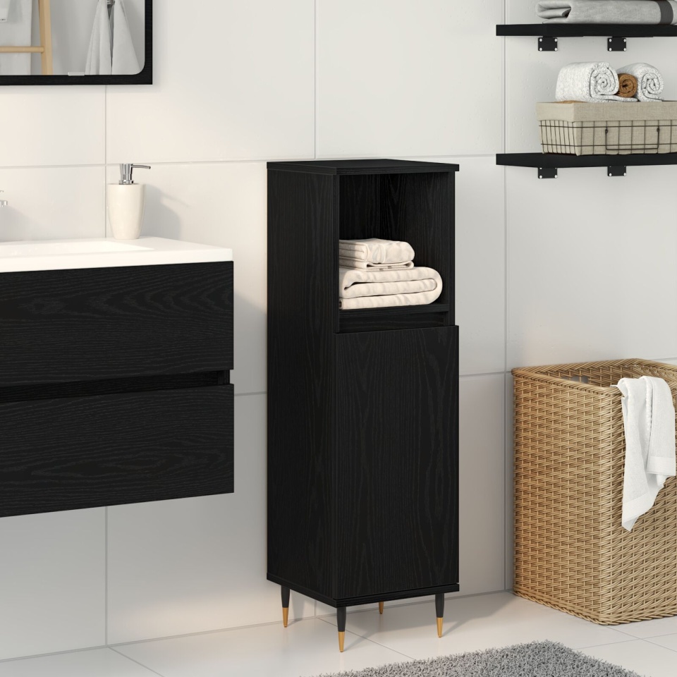 Dulap de baie Negru Stejar 30x30x100 cm Lemn compus