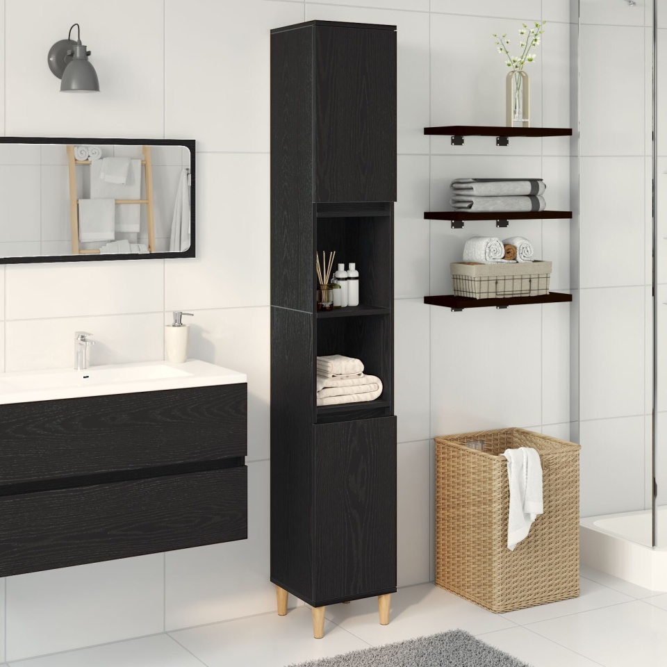 Dulap de baie, stejar negru, 30x30x190 cm, lemn prelucrat