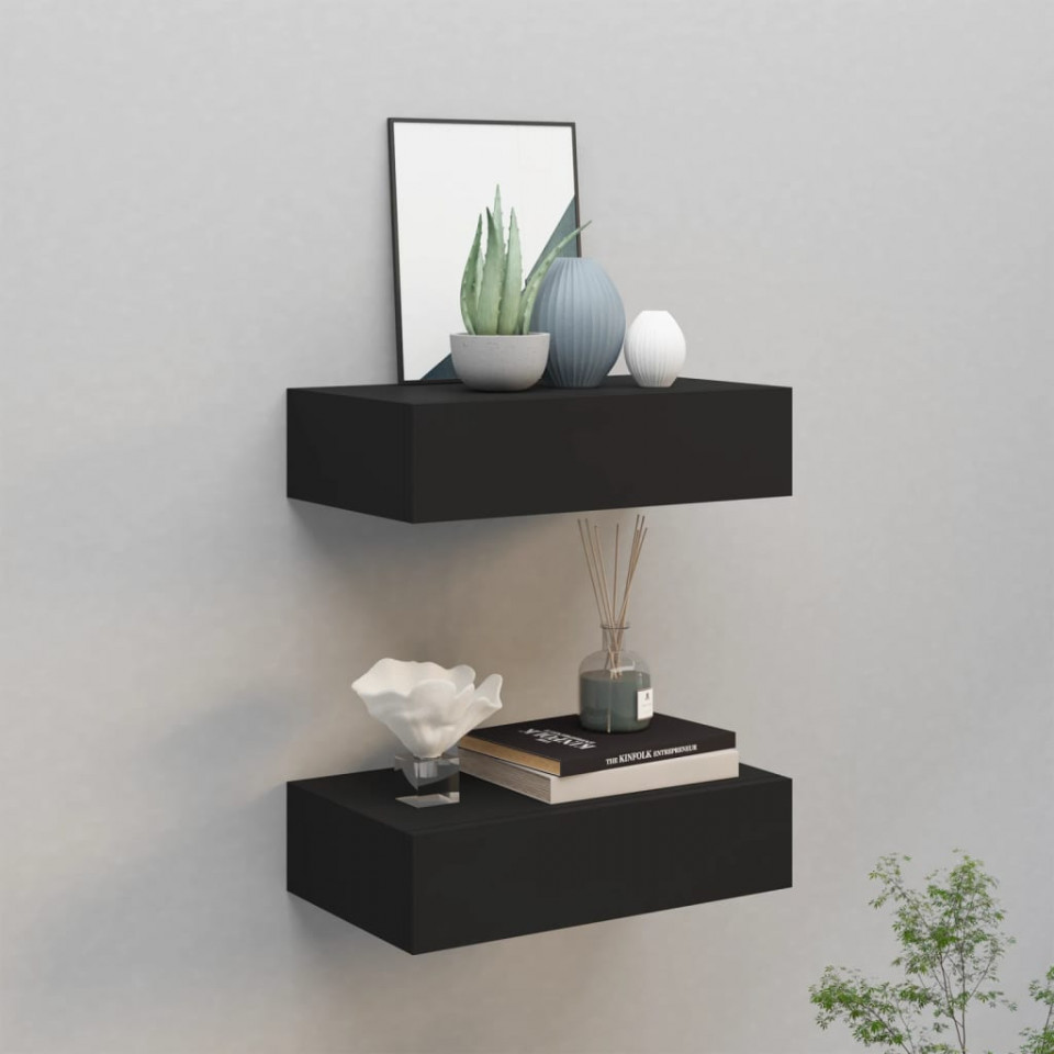 Dulap de perete cu sertare, 2 buc., negru, 40x23,5x10 cm, MDF