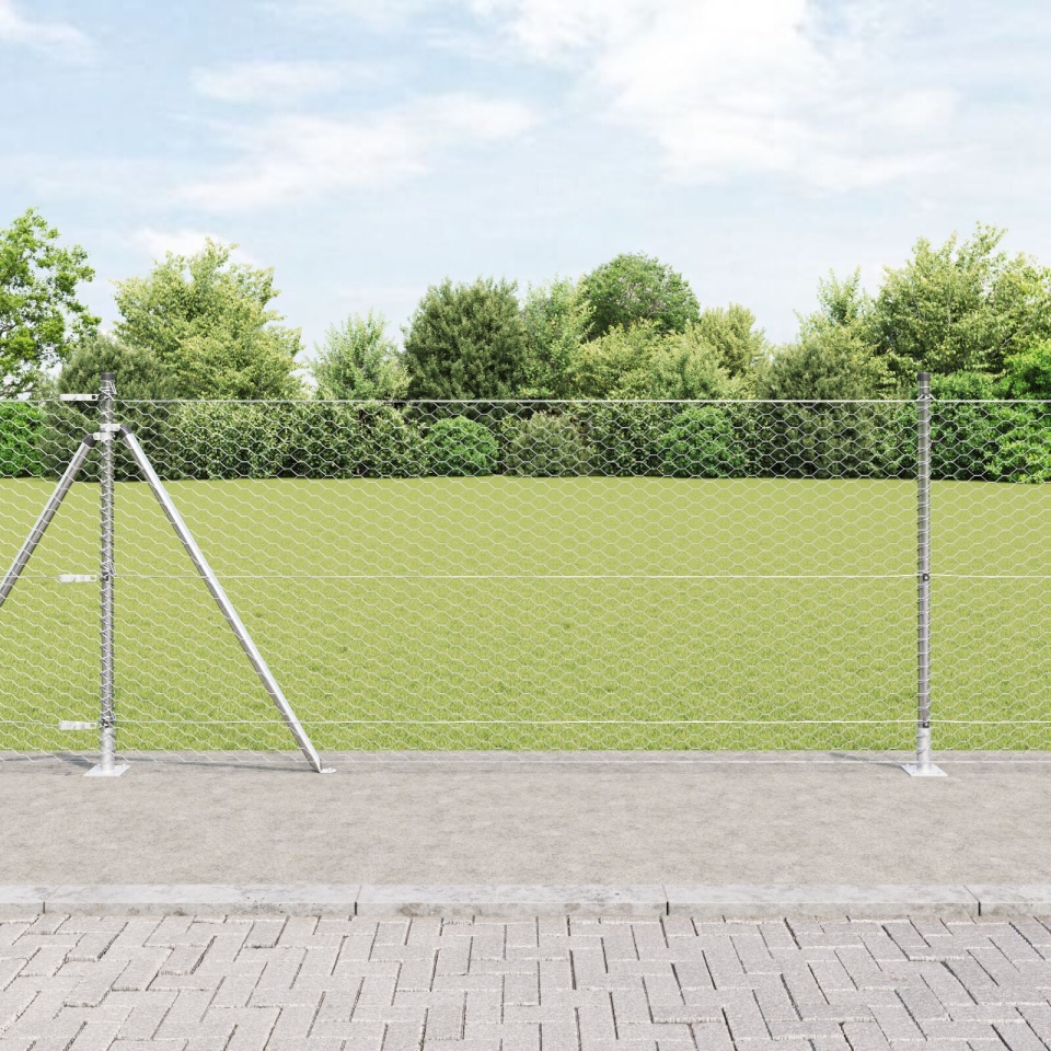 Gard Hexagonal 0.8x25 m Oțel Galvanizat, Stâlpi de Gard cu Plăci de Bază 13 pcs Ø32mm 90cm Oțel Galvanizat