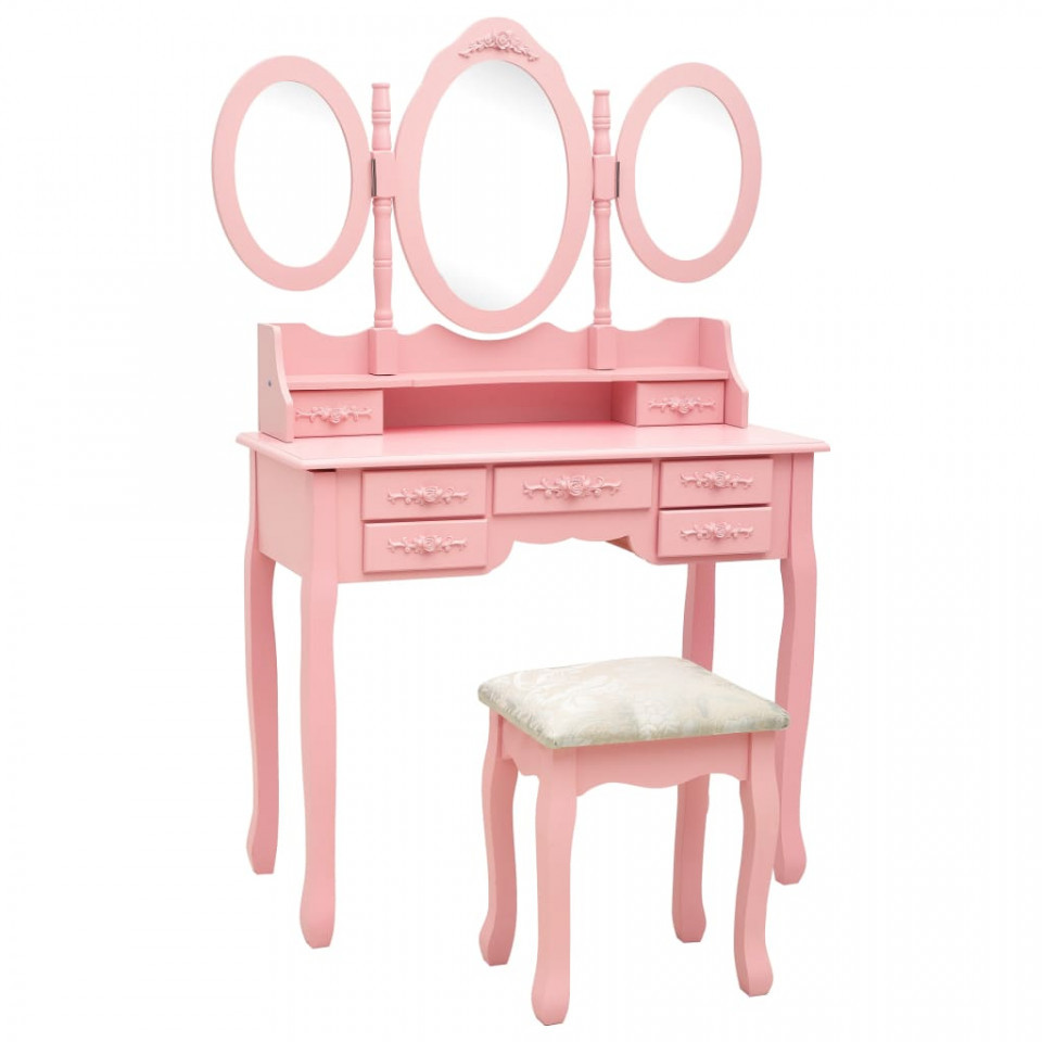 Masă de toaletă cu taburet și triptic oglinzi, roz Casa Practica