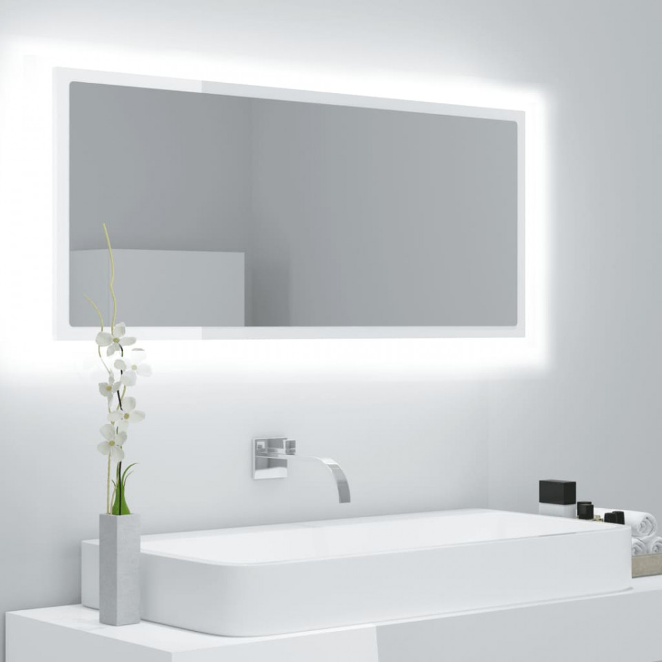 Oglinda de baie cu LED, alb extralucios, 100x8,5x37 cm, PAL