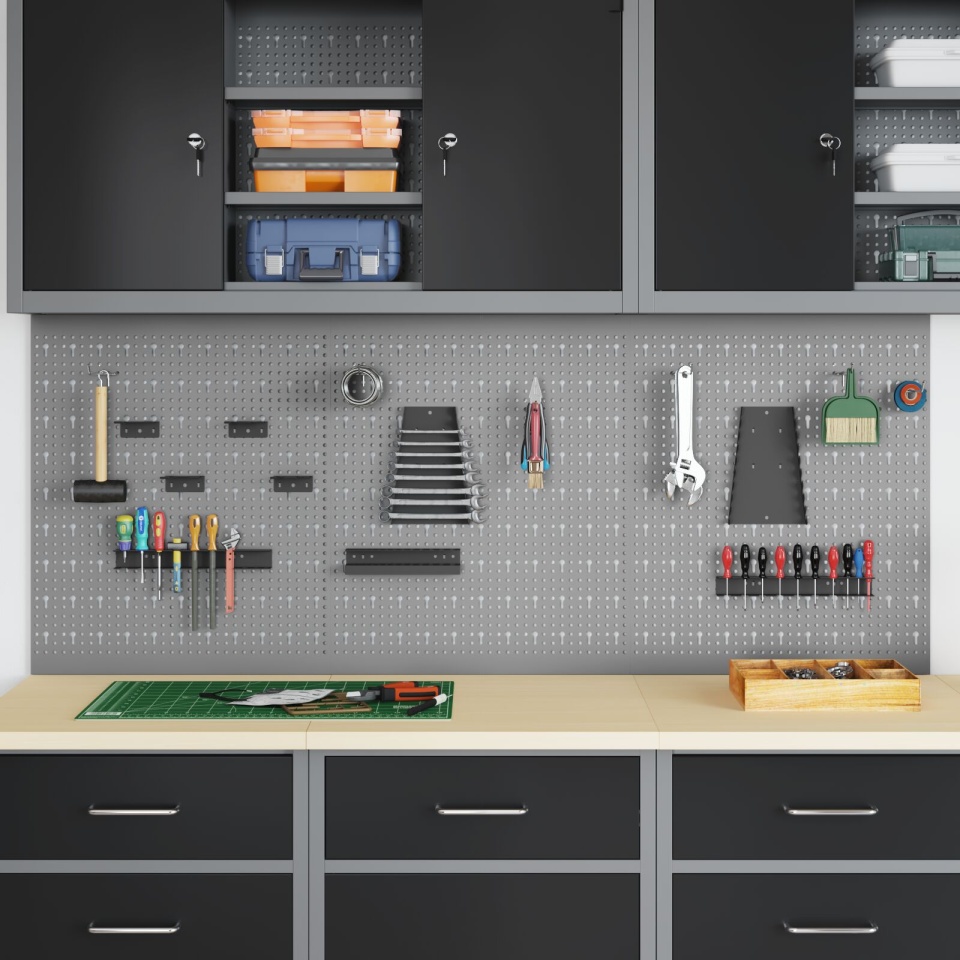 Panouri perforate 3 bucăți cu 15 accesorii gri 50x60 cm din oțel